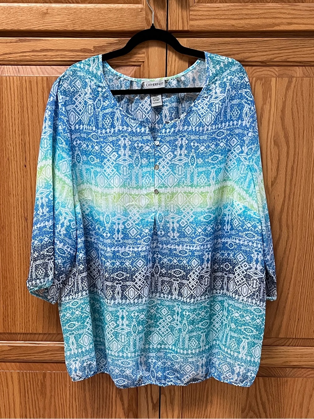 Catherines Blue Teal & Green Patterned Button-Front Tunic, GUC, Size 1X 18/20W